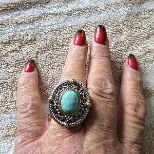 Silver and Goldtone Turquoise Statement Ring